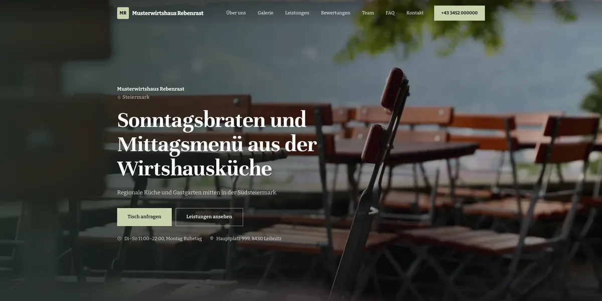 Screenshot einer Beispiel-Seite eines fiktiven Betriebs (Wirtshaus, Leibnitz)