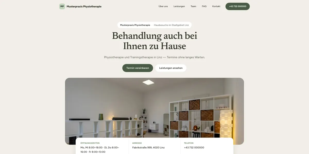 Screenshot einer Beispiel-Seite eines fiktiven Betriebs (Physiotherapie, Linz)