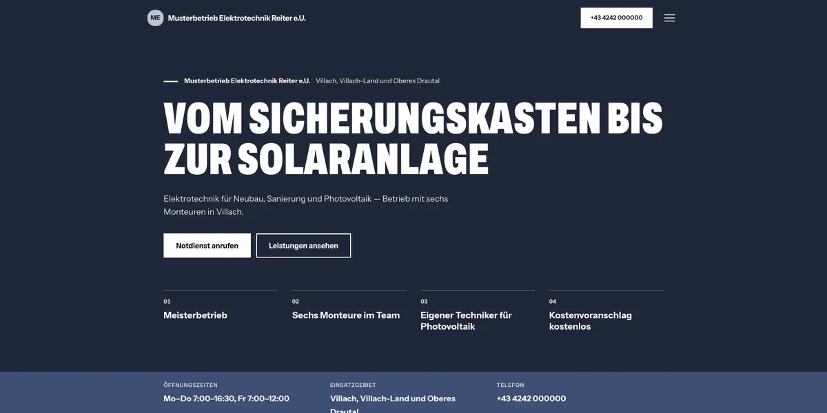Screenshot einer Beispiel-Seite eines fiktiven Betriebs (Elektrotechnik, Villach)