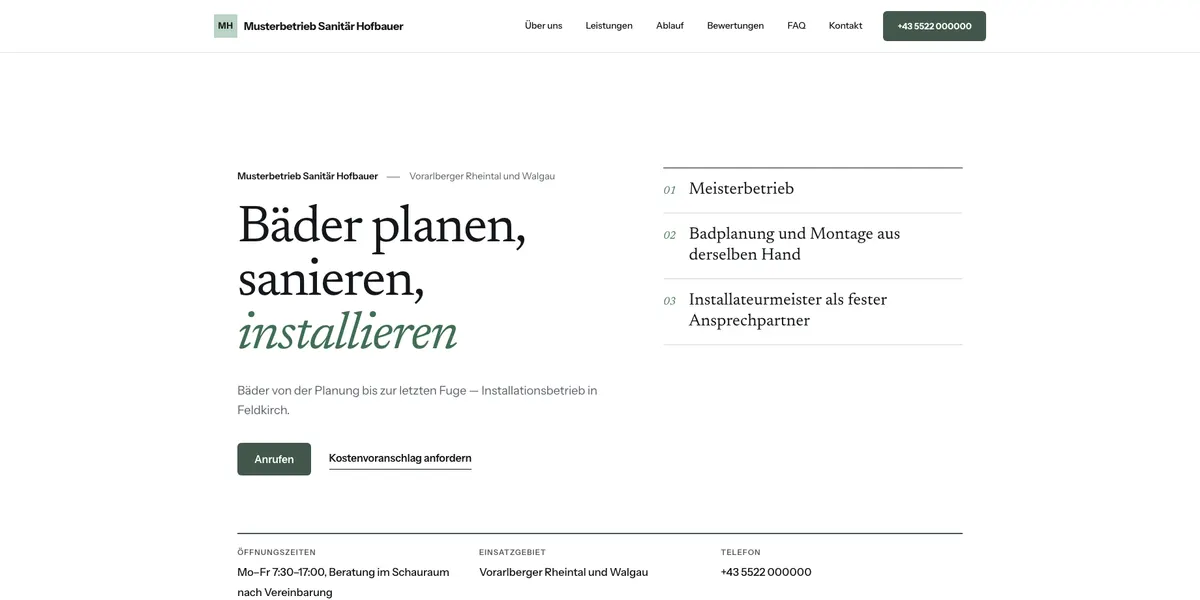 Screenshot einer Beispiel-Seite eines fiktiven Betriebs (Installateur, Feldkirch), Ansicht am Computer