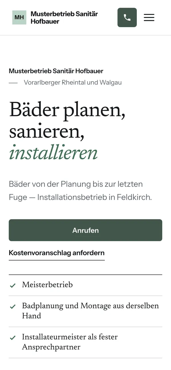 Dieselbe Beispiel-Seite des fiktiven Betriebs am Handy