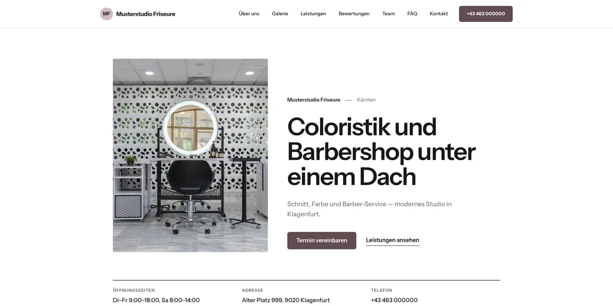 Screenshot einer Beispiel-Seite eines fiktiven Betriebs (Friseur, Klagenfurt)