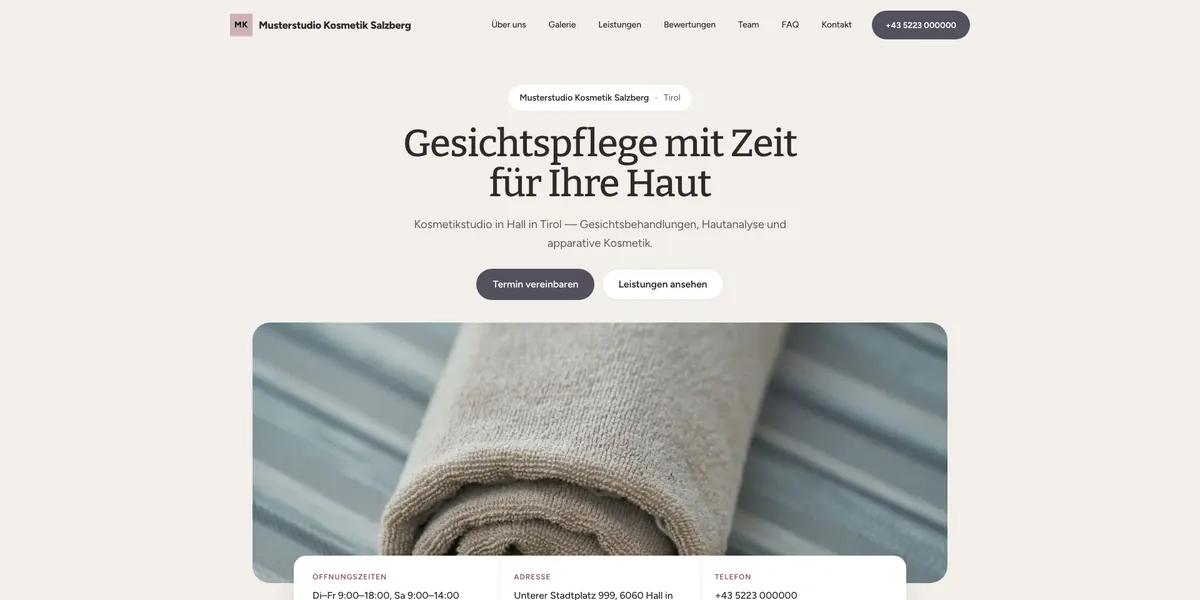Screenshot einer Beispiel-Seite eines fiktiven Betriebs (Kosmetikstudio, Hall in Tirol)