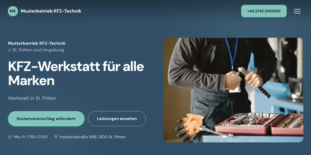 Screenshot einer Beispiel-Seite eines fiktiven Betriebs (KFZ-Werkstatt, St. Pölten)