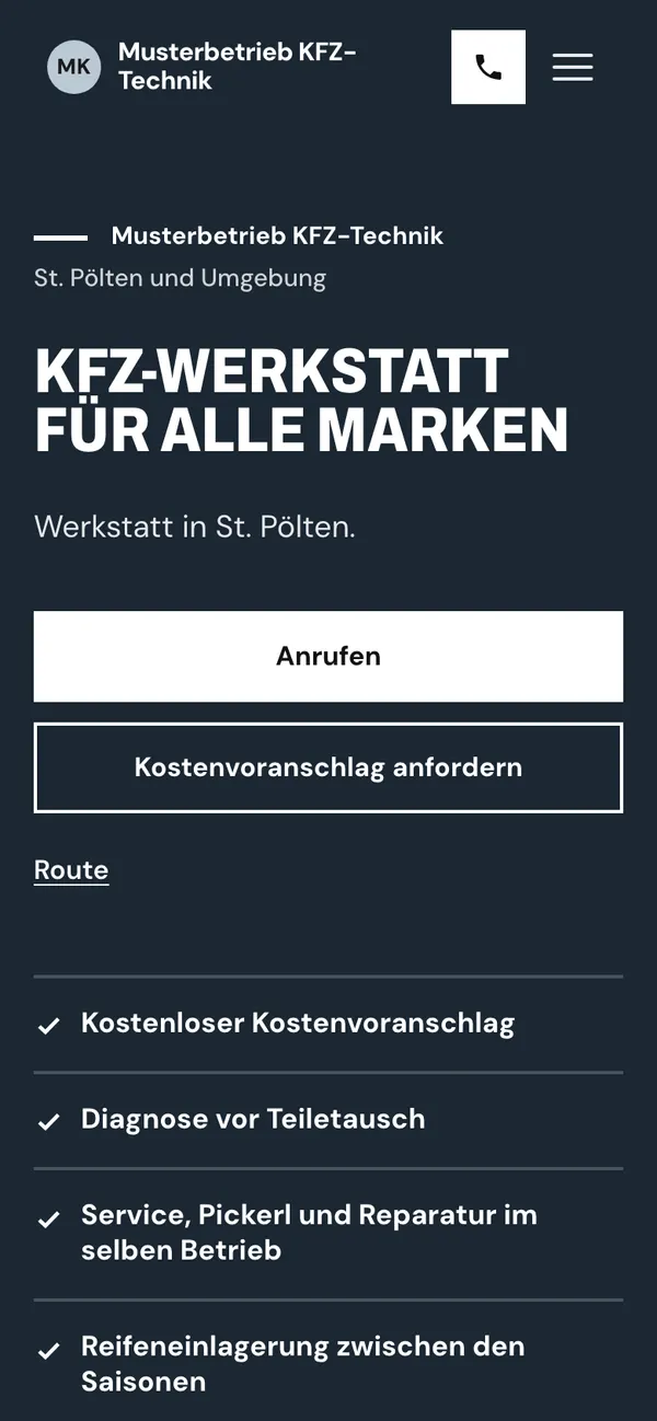 Dieselbe Beispiel-Seite des fiktiven Betriebs am Handy