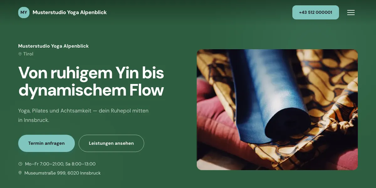 Screenshot einer Beispiel-Seite eines fiktiven Betriebs (Yogastudio, Innsbruck)